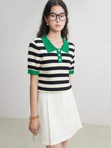 DUSHU Contrasting Color Polo Neck Women Summer Stripe Tops Female Kniited Short Tees Short Sleeve Top 24DS82258 240516