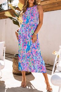 2024 Fashion women Hot Casual crew neck pullover dress sleeveless backless slit waist dress Maxi dress