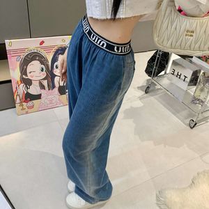 Women's Jeans Mm Family 24ss New Embossed Letter Wide Leg Pants Fashion Versatile Washed Elastic Waist