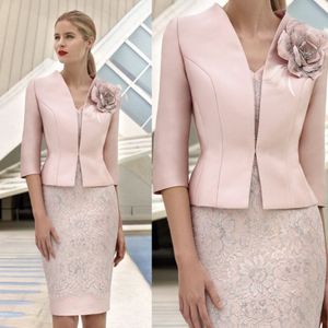 Elegant Mother of the Bride Dresses with Jacket Lace Appliqued Wedding Guest Dress Knee Length Short Mothers Formal Outfit 3271