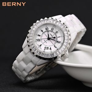 Berny White Ceramic Women Watches 방수 고급 일본 쿼츠 릴로 치오 페미노 크리스마스 새해를위한 최고의 선물 2316L 184J