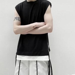 Men Black White Splice Ribbon Hem Loose Tops Tank Tee Shirt Male Streetwear Hip Hop Japan Style Sleeveless Tshirt 240507
