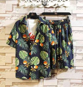 Summer Fashion Floral Print Shirts Menshorts Koszulka z krótkim rękawem 2 sztuki mężczyzn zestaw set garnitur Sporty Shorts