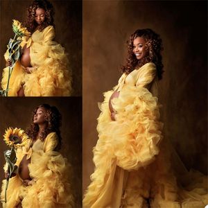 Ruffles Night Robe Maternidade Amarelo Vestido para Pesseiotera ou Batia -Tresho Photo Shoot Lady Sleepwear Robe Bathrobe Sheer Nightgown 2715