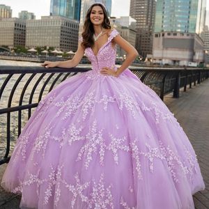 Роскошные блестки Lavender Quinceanera платья 2024 Vestidos de 15 Anos Off Applique Applique Кружевое кружевное платье принцессы