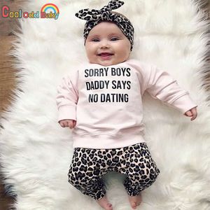 Newborn Baby Girl Clothes Set Fashion Leopard Pants Pink Letter Print Tops Headband 3Pcs Autumn Toddler Infant Clothing Outfits L2405