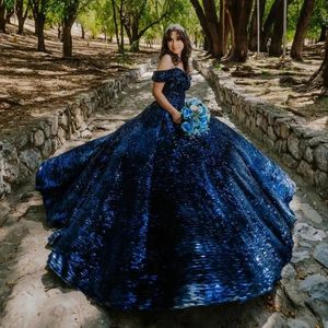 Sparkling Sequined Quinceanera Dress Dark Blue Off The Shoulder V Neck Princess Party Dresses for Birthday Sweet 15 Year Gown