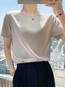 夏のTシャツ女性Oネック半袖ティーサテンクラインブルーシャンパンソリッドカラールーズレディースTシャツシルクトップ240517