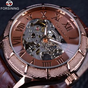 ForSining Skeleton Steampunk Wristwatch Brown äkta läderband Män mekanisk självvindklocka Toppmärke lyx Automatisk 241Q