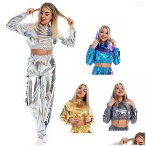 Kadın Hoodies Sweatshirts Seksi Kırpılmış Holografik Kadınlar Parlak Pu Metalik Kapüşonlu Uzun Kollu Kısa Sweatshirt Dstring Plovers Dh5im