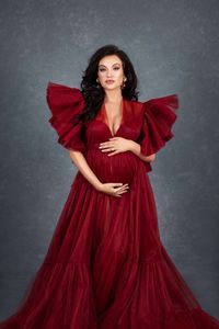 Seksowne macierzyństwo na baby shower Ruffles rękaw w ciąży suknie ciążowe