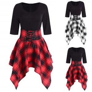 Vestidos casuais vestido de moda de renda assimétrica impressão feminina tartan o pescoço feminino x túnicos maxi