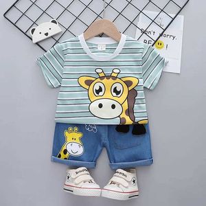 Roupas conjuntos de verão crianças meninos meninos listrados desenhos animados girafa ternos de manga curta shorts de camiseta