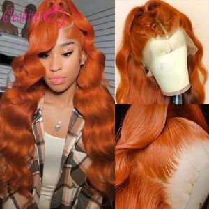 ジンジャー13x4 HDレースフロントウィッグボディウェーブプルックオレンジ色の生inger色の女性のための人間の髪のかつら180％密度ブラジル人レミー