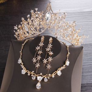 Guld brud kronor tiaras hår tillbehör huvudstycke halsband örhängen smycken set mode bröllop smycken uppsättningar billigt pris 336Z