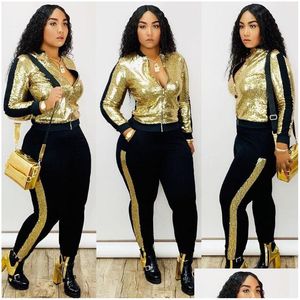 Womens Two Piece Pants Autumn Winter Sequin 2 Set Women Tracksuit Long Sleeve Jacket Top Suit Streetwear Sparkly Matching Sets Club Dhilw