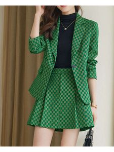 Tesco Elegant Plaid Suit Pleated Sets Women 2 Piece Outfit Office Lady Skirt For Prom Party ropa de mujer