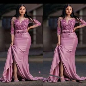 Dusty Rose Saudi Arabic Mermaid Evening Dresses Jewel Neck 3 4 Long Sleeves Mother of the bride Dress Party Prom Wear Plus Size 3090