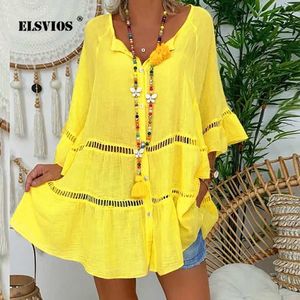 Basic Casual Dresses Hollow Out Ruffle Cotton Linen Plus Size Dress V Neck Flared Sleeves Loose Irregular Dress New Women SprAutumn Beach Dresses J240516