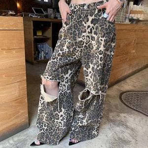 Women's Jeans Vintage Leopard Print For Women High-waisted Baggy Spring Straight Leg Wide-leg Trousers Ripped Denim