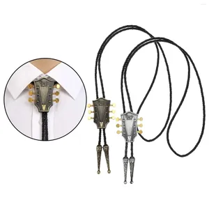 Bow Ties Vintage Cowboy Guitar Head Alloy Mens Bolo Tie Leather Rope Long Necklace