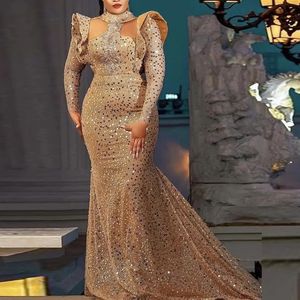 Gillter Gold Cequined Mermaid Sukienki PROM 2023 ASO EBI Arabia Long Rleeves Robe de Soiree Spargly Women Party Sukienka Sieknięcie