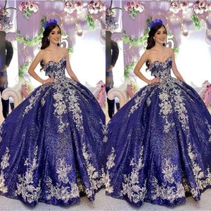 Sparkly Dark Navy Sequined Satin Quinceanera Dresses Prom Ball Gown Champagne Floral Applique Beading Strapless Lace-up Back Sweet 16 D 340j