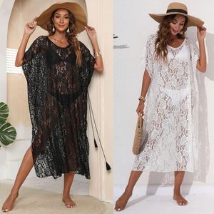 Sexig strandtäckning Up Womens Transport Bikini Cover-Ups 2024 Svart Sheer Lace Long Summer Dress Split Mesh String Beachwear White