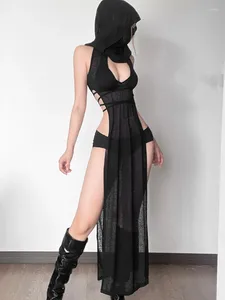 カジュアルドレス女性のフード付きボディコンドレスホローセクシーなクラブの衣装編みノースリーブブラックワンピース服Y2K
