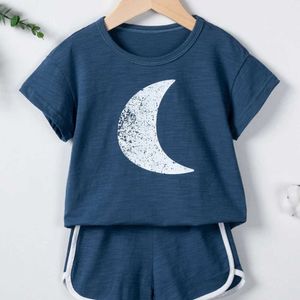 Kläder sätter sommarbarnmånen mån/sol tryckt kostym Bomull CHORT SLEEVE SHORTS 0-5Y Pojkar och flickor Kidskläder Y240515