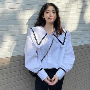 Polos femminile in stile coreano a contrasto retrò a colori da marinaio camicia manica bianca alla moda