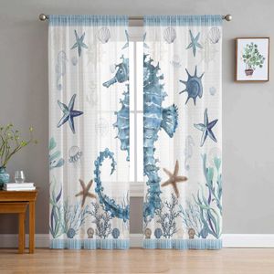 Tratamentos de janela# Ocean Stripes Starfish Hippo Tulle Curtains Balcony Room Moda impressa Cortina Sheer Room Janela Modern Decor Y240517