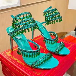 Rene Caovilla Crystal Chandelier High Heeled Sandals 여성 요정 스타일 다이아몬드 뱀인 랩핑 로마 하이힐 10cm 디자이너 연회