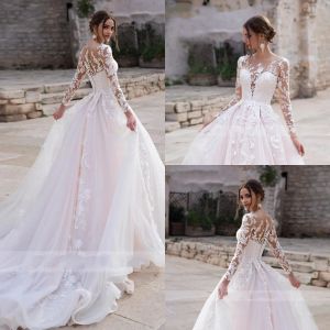 Dresses Elegant Long Sleeve Blush Pink Lace Bridal Gown with Bateau Neckline and Plunging SeeThrough Back, Plus Size Available