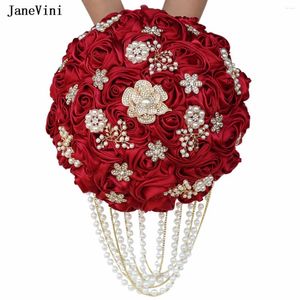 Bröllopsblommor Janevini Luxury Bridal Hand Buquets Rhinestone Pearls Artificial Satin Roses Bourgogne Bouquet Accessories