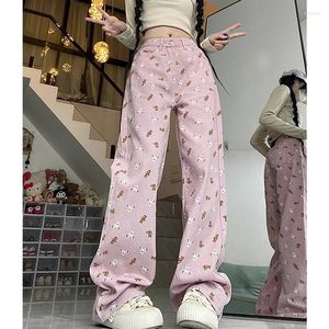 Women's Jeans Korea Sweet Pink Printed For Women Spring/summer Straight Leg Wide Casual Pants 2024 Y2K Street