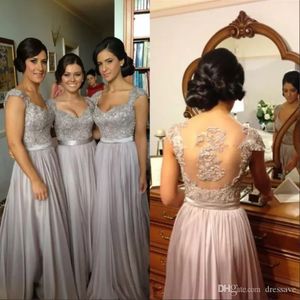 Sexy Cheap Silver Chiffon Wedding Bridesmaid Dresses Embroidery Beads A Line with Sweetheart Short Sleeve Sheer Back Floor Length CG001 221p