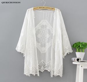 Women039s вязает Tees Qiukichonson Women Summer Cardigan White 2021 Bohemian Sweet Ladies Кружевые кардиганы Long Vneck Hollow OU6689442