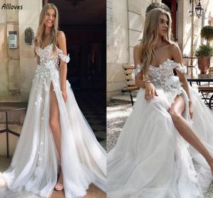 Beautiful Floral Leaf Lace Rustic Country Wedding Dresses Sexy Off Shoulder Thigh High Split Boho Beach Bridal Gowns Maternity Tulle A Line Vestidos De Novia CL2391