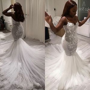 2022 Modern South African Mermaid Wedding Dress Bridal Gown Sexy V Neck Spaghetti Straps Lace Pattern Tulle Long Vestido de noiva 208Y