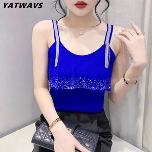 Verão Sexy Sexy Suspender Suspender Moman S Tops Tops de moda elegante Diamantes brilhantes Trassels Tshirt Slim Ruffles Drill Tees 240517