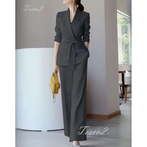 Tesco Women's Elegant Lace-up Jacket And Wide Leg Pants Casual Outfits For Business Female Pant Sets Office Suit 2024