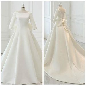 2020 Simple Satin Wedding Dresses 3 4 långa ärmar Bow spetsar uppåt katedral tåg bröllopsklänning skräddarsydd vestido de novia 231f