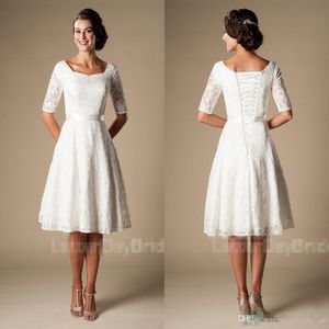 소매를 가진 짧은 웨딩 드레스 겸손한 빈티지 1920 년대의 레이스 무릎 길이 야외 리셉션 비공식 신부 웨딩 드레스 예산 C 312Z