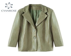 Women PU Faux Crocodile Leather Blazer Coat Fashion Streetwear Green Jacket Harajuku Retro Button Notched Collar Outwear 2104305054760