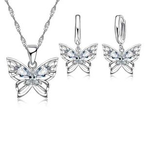 Wedding Jewelry Sets New Fashion 925 Sterling Silver Colored Set with Sparkling Austrian Crystal Inlaid Butterfly Pendant Necklace Earrings