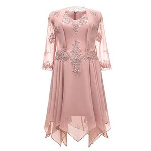 Setwell Two Pieces V-Neck Chiffon Tea Length Mother of the Bride Dress Long ärmar Lace Formella aftonklänningar med jacka 246o