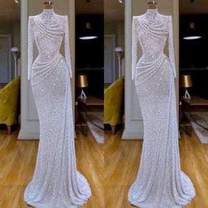 New Arrival Bling Bling Elegant Mermaid Evening Dresses High Jewel Neck Sequins Long Sleeve Sweep Train Formal Dress Evening Party Gown 211k