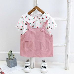 Clothing Sets Toddler Girls Short Sleeve Suit Denim Skirt Fruit Cherry Print Backstrap Two Piece Baby Clothes 1 2 3 4 5 Years