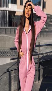 Pink Casual Long Sleeve Long Jumpsuits Rompers Women Zipper Fitness Winter Hood Jumpsuit Autumn Outfits New 2104221531293